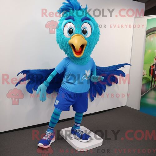 Costume De Mascotte Redbrokoly De Paon Bleu Habillé D Un Short De Course Et De Lacets De Chaussures