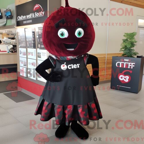 Personnage De Costume De Mascotte Redbrokoly De Cerise Noire Habillé Avec Une Robe Droite Et Des Clips Pour Écharpe