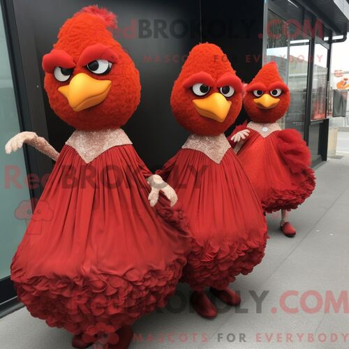 Personnage De Costume De Mascotte Redbrokoly De Poulet Frit Rouille Habillé D Une Robe De Bal Et De Pochettes
