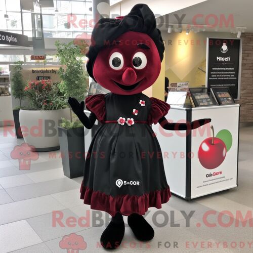 Personnage De Costume De Mascotte Redbrokoly De Cerise Noire Habillé Avec Une Robe Droite Et Des Clips Pour Écharpe