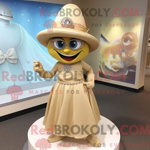 Costume De Mascotte Redbrokoly De Bague De Fiançailles Beige Personnage Habillé D Une Robe Midi Et D Épingles À Chapeau