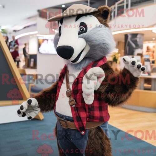 Costume De Mascotte Redbrokoly De Blaireau Marron Habillé D Un Jean Skinny Et D Écharpes