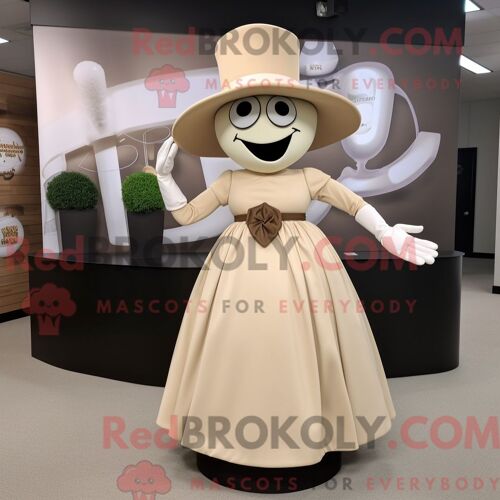 Costume De Mascotte Redbrokoly De Bague De Fiançailles Beige Personnage Habillé D Une Robe Midi Et D Épingles À Chapeau