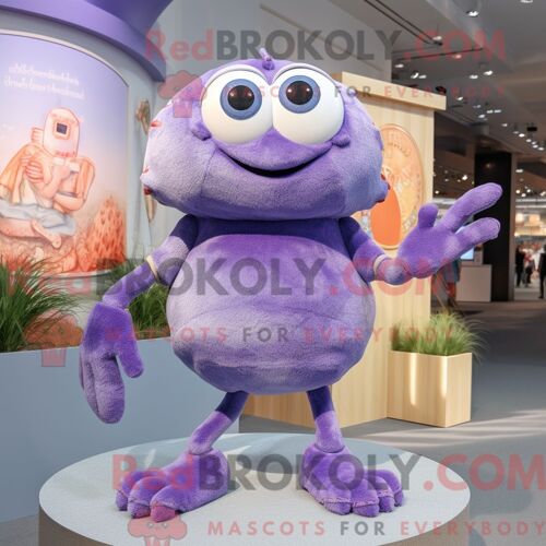 Personnage De Costume De Mascotte Redbrokoly De Beignets De Crabe À La Lavande Habillé Avec Un Jean Évasé Et Des Broches