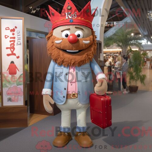 Costume Mascotte Redbrokoly Du Roi Rouge Habillé D Une Chemise En Chambray Et De Portefeuilles