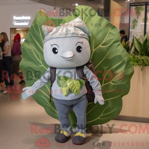 Personnage De Costume De Mascotte Redbrokoly De Feuille De Chou Gris Habillé Avec Un Jean Maman Et Des Portefeuilles