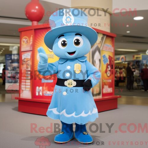 Costume De Mascotte Redbrokoly De Pompier Bleu Ciel Habillé D Une Jupe Et D Épingles À Cravate