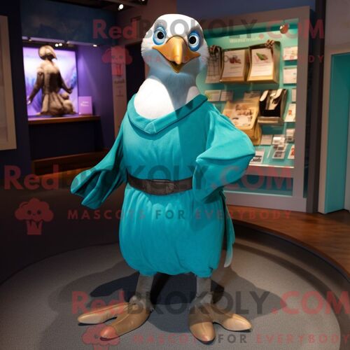 Costume De Mascotte Redbrokoly D Albatros Bleu Sarcelle Habillé D Une Robe Portefeuille Et De Ceintures