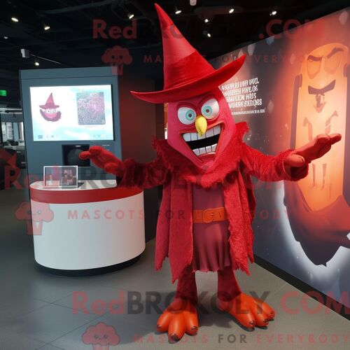 Costume Mascotte Redbrokoly De Sorcière Rouge Habillé D Un Gilet Et De Boutons De Manchette