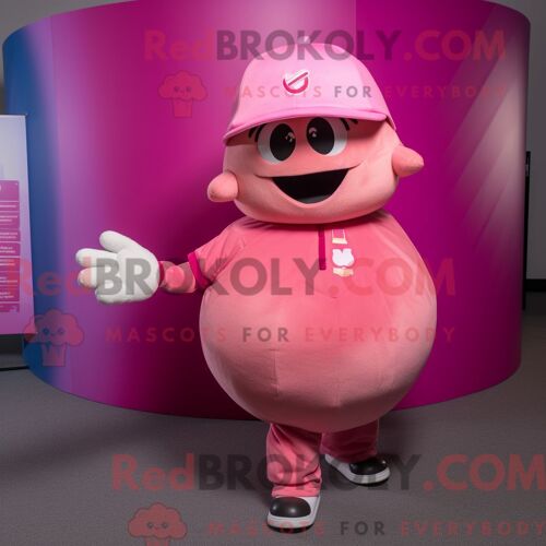 Costume De Mascotte Redbrokoly De Boulet De Canon Humain Rose Personnage Habillé Avec Une Chemise Henley Et Des Casquettes