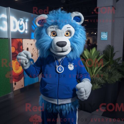 Costume Mascotte Redbrokoly De Lion Bleu Habillé D Un Cardigan Et De Montres Connectées