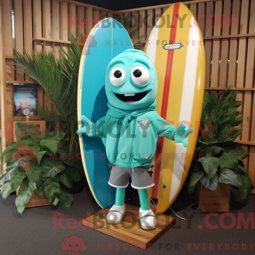 Personnage De Costume De Mascotte Redbrokoly De Planche De Surf Turquoise Habillé D Une Veste Et D Épinglettes