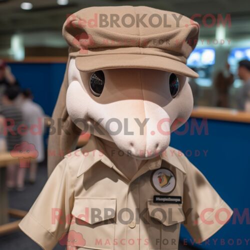 Costume De Mascotte Redbrokoly De Dauphin Beige Habillé D Une Chemise En Popeline Et De Bandeaux