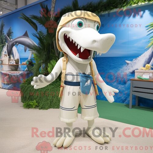 Costume Mascotte Redbrokoly De Barracuda Crème Personnage Habillé Avec Un Short Et Des Bretelles