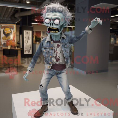 Costume De Mascotte Redbrokoly De Zombie Gris Habillé D Un Jean Bootcut Et De Colliers