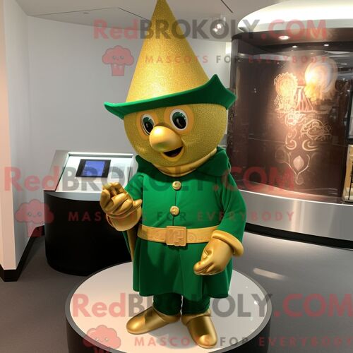 Costume De Mascotte Redbrokoly De Chapeau De Lutin Doré Personnage Habillé Avec Un Pull Et Des Bagues