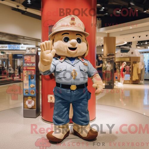 Costume De Mascotte Redbrokoly De Pompier Beige Habillé D Un Short En Jean Et De Porte-Clés