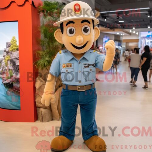 Costume De Mascotte Redbrokoly De Pompier Beige Habillé D Un Short En Jean Et De Porte-Clés