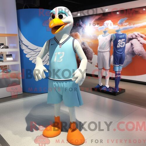 Costume De Mascotte Redbrokoly Sky Blue Gull Habillé Avec Un T-Shirt Graphique Et Des Bracelets De Cheville