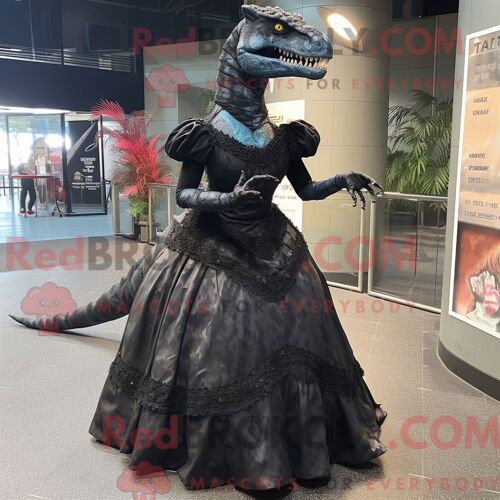 Costume Mascotte Redbrokoly D Allosaure Noir Personnage Habillé Avec Une Robe De Bal Et Des Épingles À Cheveux