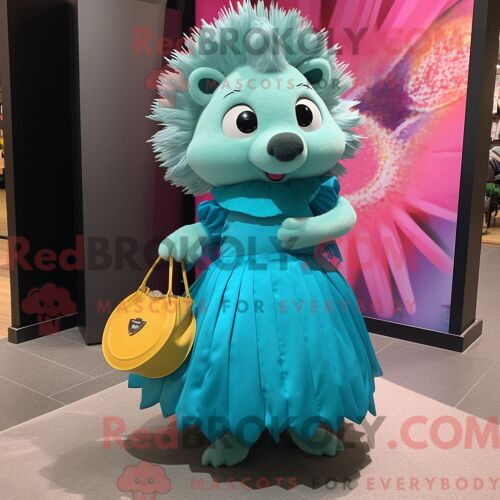 Costume De Mascotte Redbrokoly De Hérisson Cyan Habillé D Une Robe De Bal Et De Sacs À Main