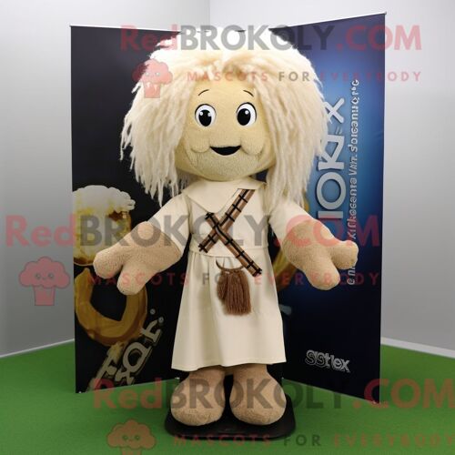 Costume Mascotte Redbrokoly De Croix Celtique Beige Personnage Habillé D Un Cardigan Et De Pinces À Cheveux