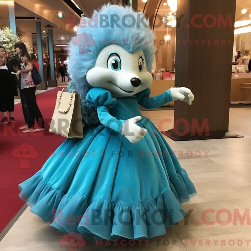 Costume De Mascotte Redbrokoly De Hérisson Cyan Habillé D Une Robe De Bal Et De Sacs À Main
