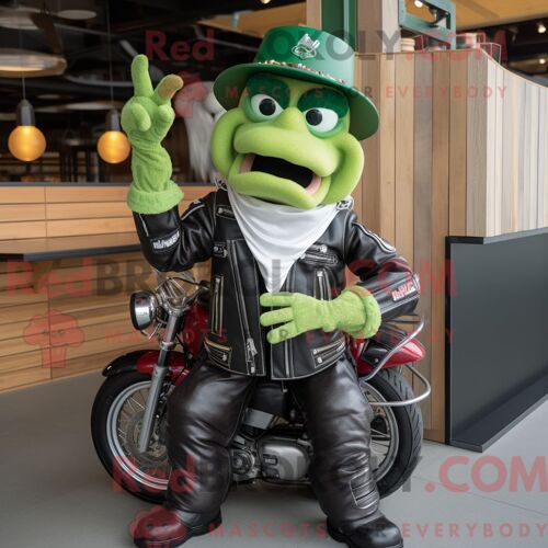 Personnage De Costume De Mascotte Redbrokoly De Côtes Levées Vertes Habillé D Une Veste De Motard Et De Ceintures De Smoking