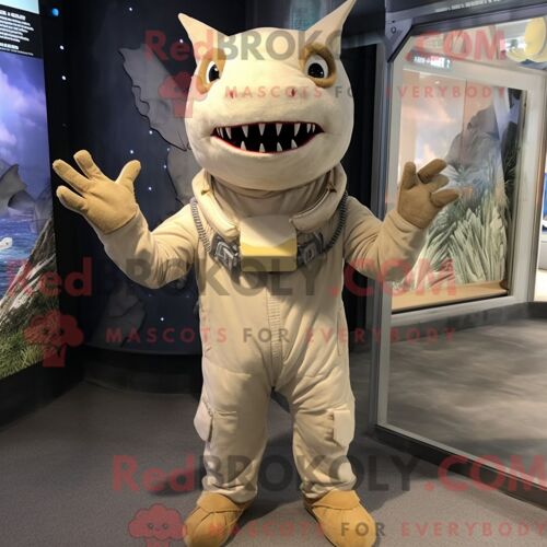 Costume Mascotte Redbrokoly D Espadon Beige Habillé D Une Combishort Et De Mitaines