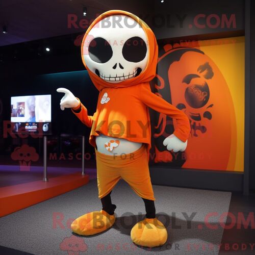 Costume De Mascotte Redbrokoly De Crâne Orange Habillé D Un Legging Et D Un Châle