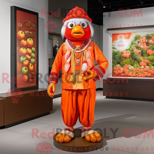Costume De Mascotte Redbrokoly De Mandarin Rouge Habillé D Une Chemise Henley Et De Bracelets