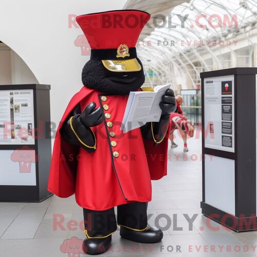 Costume De Mascotte Redbrokoly De La Garde Royale Britannique Noire Personnage Habillé D Un Imperméable Et De Lunettes De Lecture
