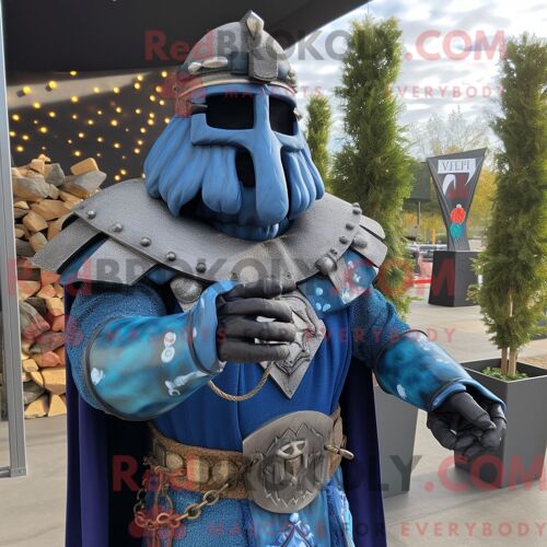 Costume De Mascotte Redbrokoly De Chevalier Médiéval Bleu Habillé D Une Chemise En Flanelle Et De Colliers