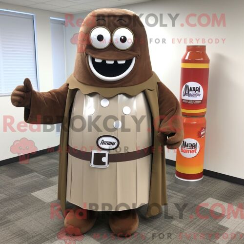 Costume De Mascotte Redbrokoly De Canette De Soda Marron Habillé Avec Une Robe Longue Et Des Porte-Documents
