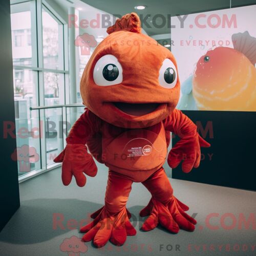 Costume De Mascotte Redbrokoly De Poisson Rouge Marron Habillé Avec Une Barboteuse Et Des Coussinets De Pieds