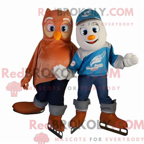 Personnage De Costume De Mascotte Redbrokoly De Paire De Patins À Glace Rouille Habillé D Un Jean Bootcut Et De Châles