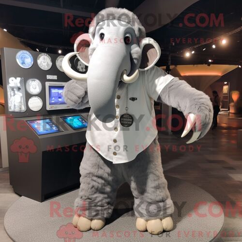 Costume De Mascotte Redbrokoly De Mammouth Argenté Habillé D Une Chemise Boutonnée Et D Un Porte-Monnaie