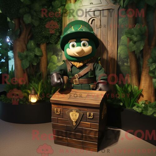 Costume De Mascotte Redbrokoly De Coffre Au Trésor Vert Forêt Habillé D Une Veste De Moto Et De Bérets