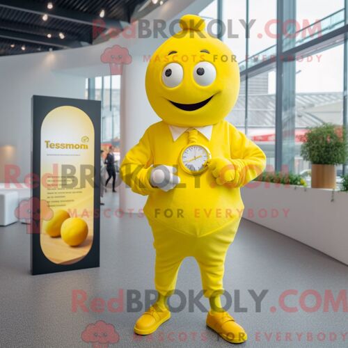 Costume De Mascotte Redbrokoly De Currywurst Jaune Citron Habillé D Un Gilet Et De Montres Intelligentes