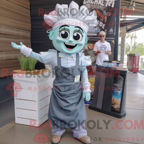 Costume De Mascotte Redbrokoly De Pâtes Au Pesto Argenté Habillé D Une Chemise En Chambray Et De Bandeaux