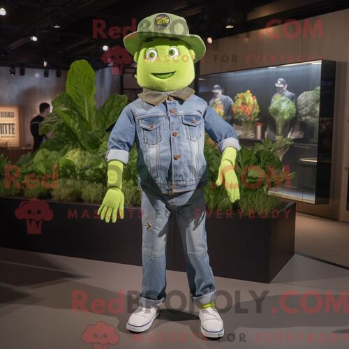 Personnage De Costume De Mascotte Redbrokoly De Salade César Vert Citron Habillé Avec Une Chemise En Jean Et Des Casquettes
