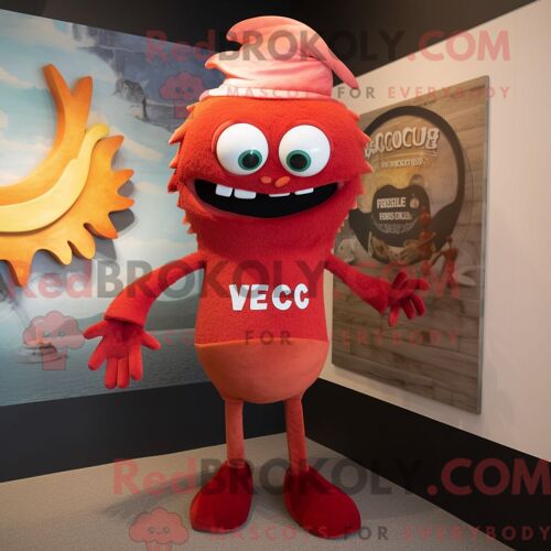 Costume Mascotte Redbrokoly De Ceviche Rouge Habillé D Un Jean Skinny Et De Cravates