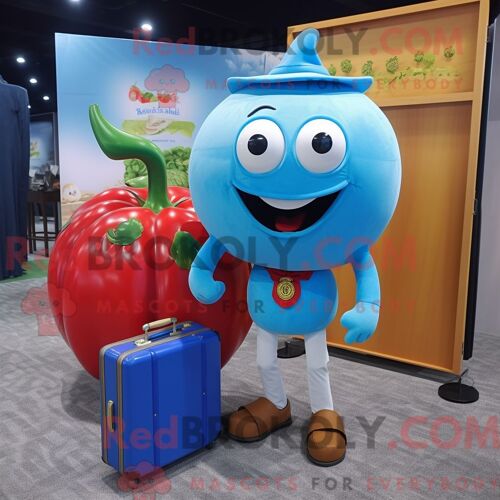 Costume De Mascotte Redbrokoly Sky Blue Tomato Habillé Avec Un Polo Et Des Porte-Documents