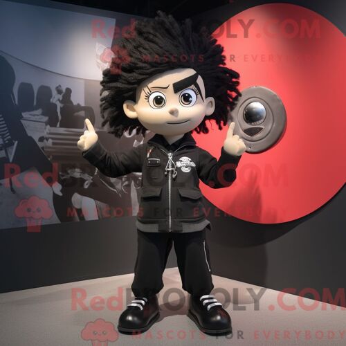 Costume Mascotte Redbrokoly De Lanceur De Couteaux Noir Personnage Habillé Avec Un Blouson Aviateur Et Des Pinces À Cheveux