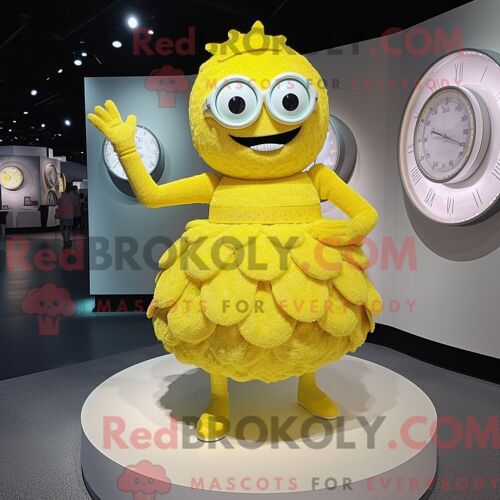 Costume De Mascotte Redbrokoly De Montre-Bracelet Jaune Citron Habillé Avec Une Robe Taille Empire Et Des Bagues