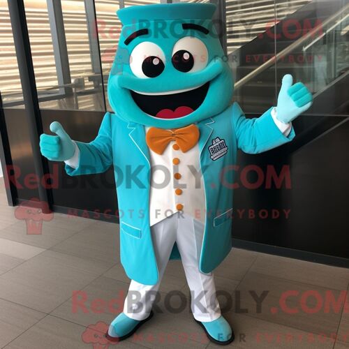 Costume De Mascotte Redbrokoly De Côtes De Barbecue Turquoise Personnage Habillé Avec Une Veste De Costume Et Des Broches