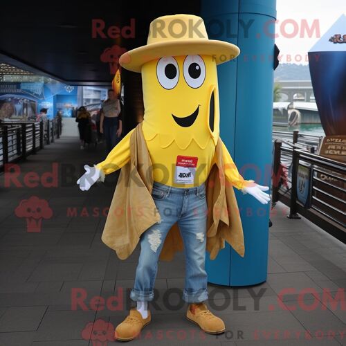 Costume De Mascotte Redbrokoly De Calmar Doré Habillé Avec Un Jean Boyfriend Et Des Épingles À Chapeau