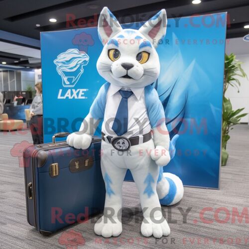 Costume Mascotte Redbrokoly De Lynx Bleu Ciel Habillé D Un Manteau Et De Porte-Documents