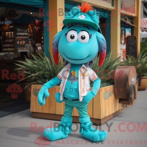 Costume De Mascotte Redbrokoly De Scampi De Crevettes Turquoise Habillé D Un Short Cargo Et D Épinglettes