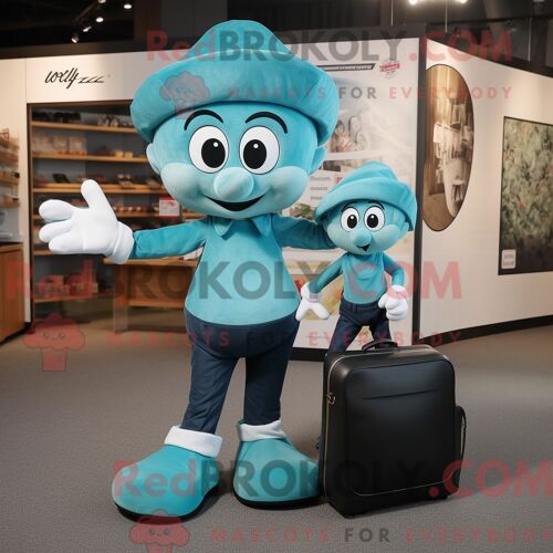 Costume Mascotte Redbrokoly D Acrobat Bleu Sarcelle Habillé D Un Jean Maman Et De Porte-Documents